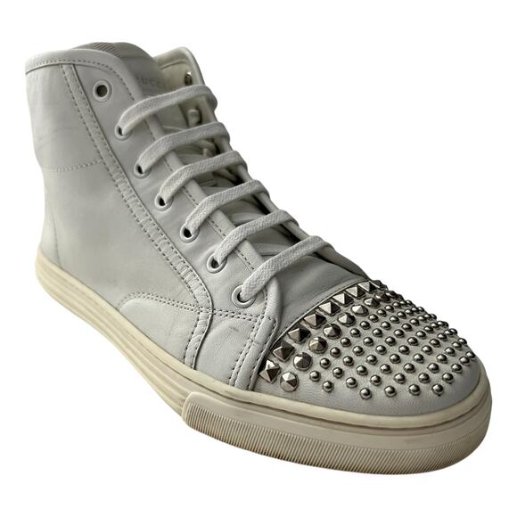 GUCCI Moorea Nappa Leather High Top Sneakers EU 37 US 7 White Studded Spike Shoe